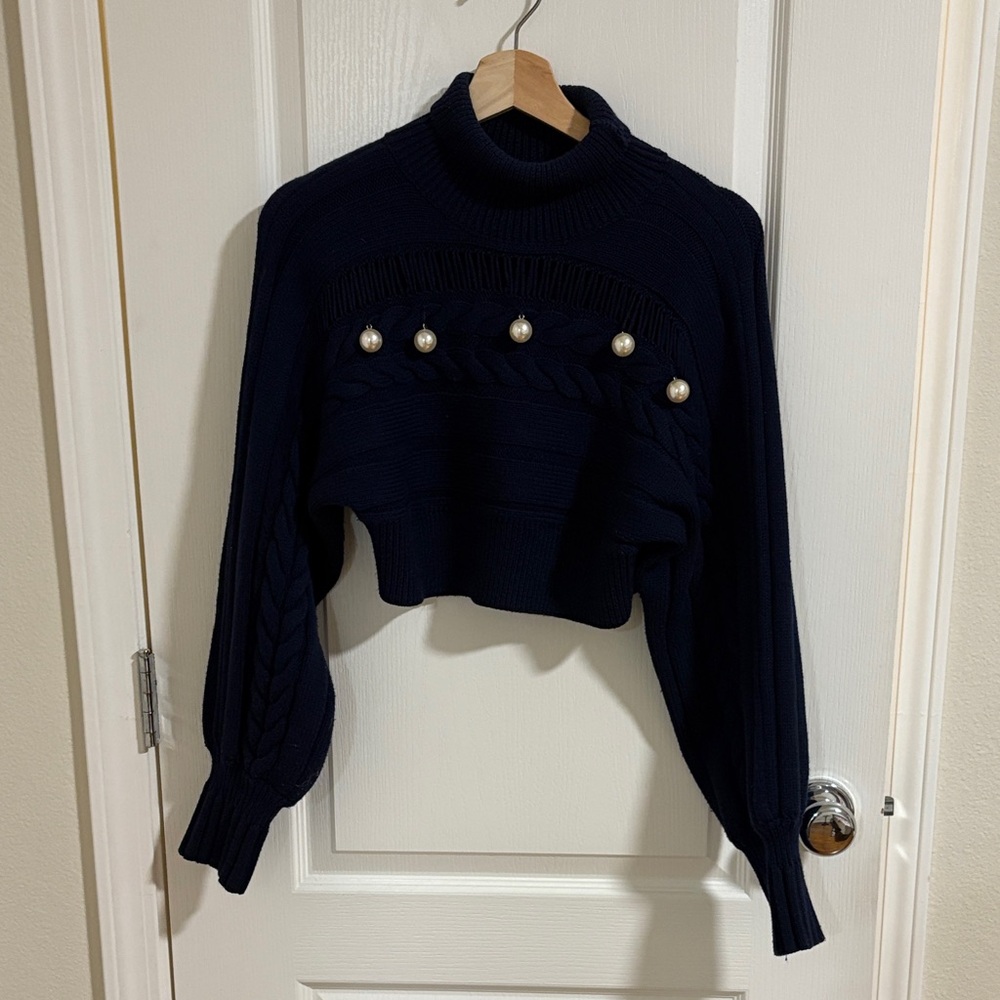 Navy Blue Turtleneck Sweater with Pearl Accents